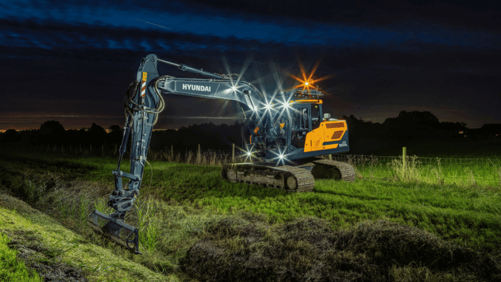 hyundai-mini-excavators-attachments-on-site-forestry-night
